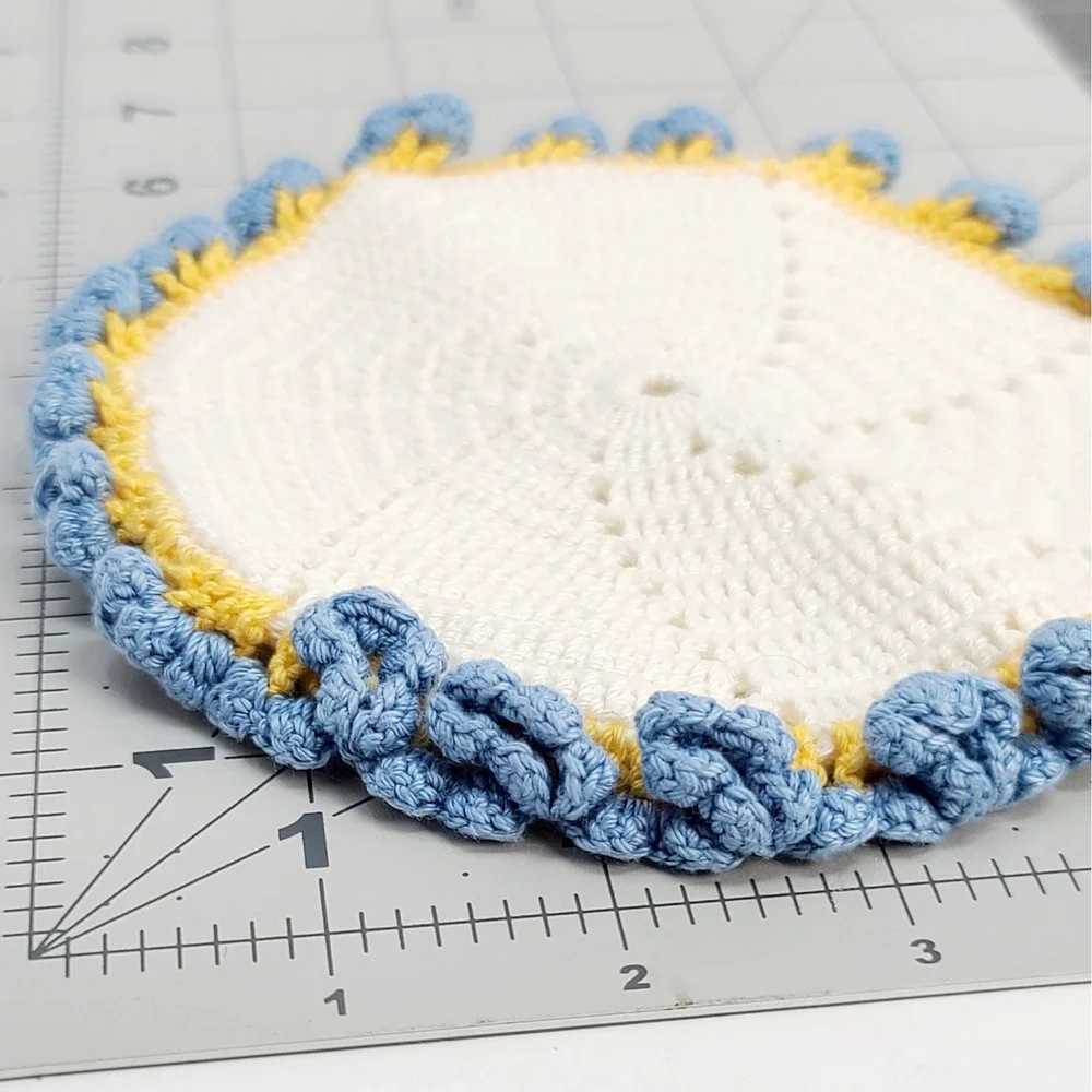 Crochet Doily Round Coaster Ruffle Edge Blue Yellow 5.5 Inch Vintage Cream Ivory
